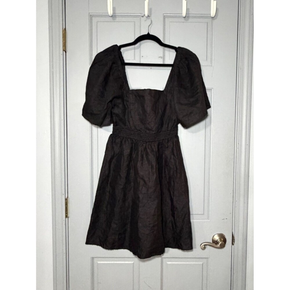 Linen Puff Sleeve Mini Dress Smocked Back Cottagecore Size 10